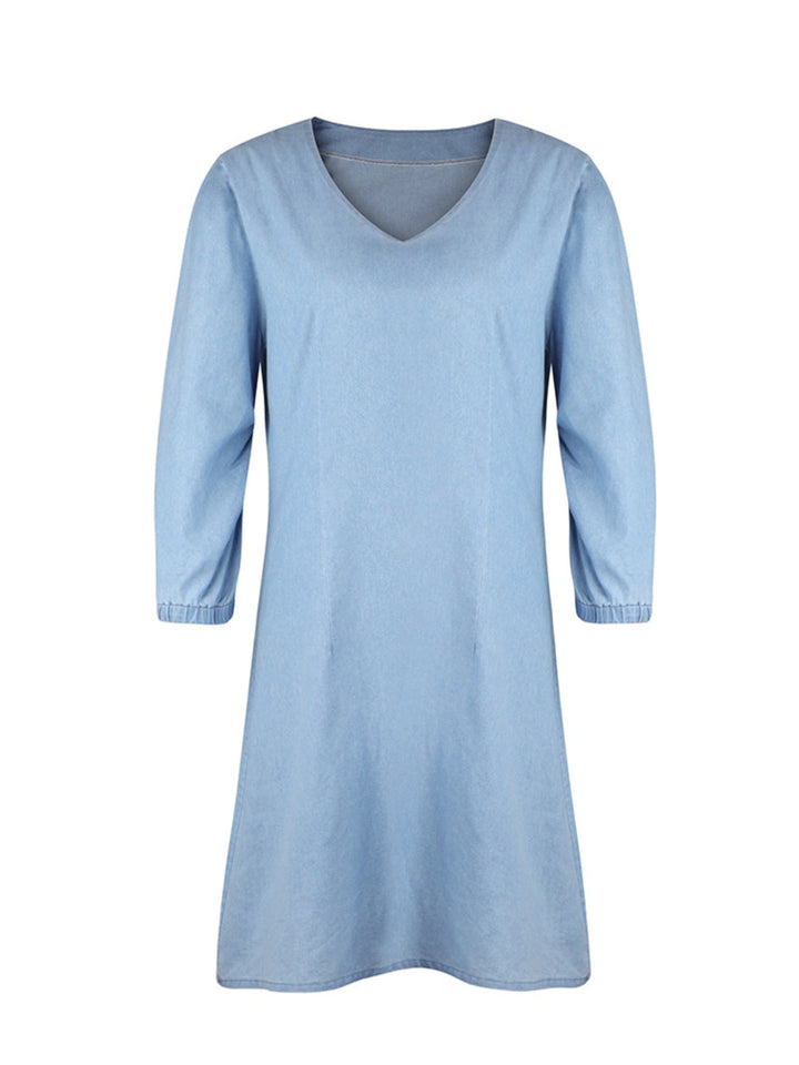 Soft Denim V Neck Dress Puff Sleeve Above Knee