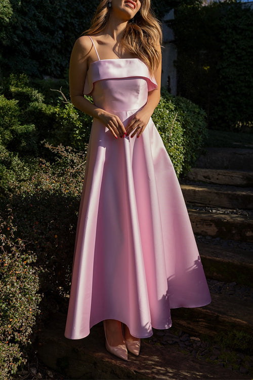 Margovil Spaghetti Strap Waisted A-line Satin Maxi Dress