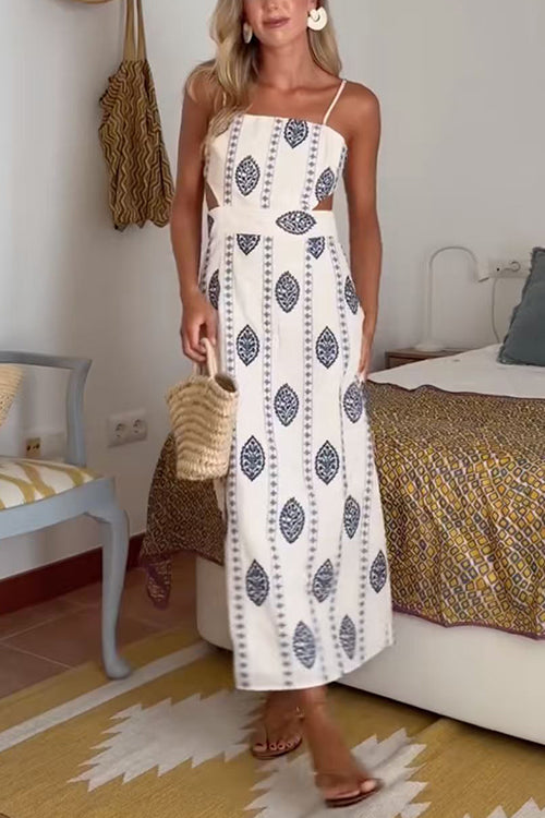 Margovil Spaghetti Strap Cut Out Waist Printed Midi Dress