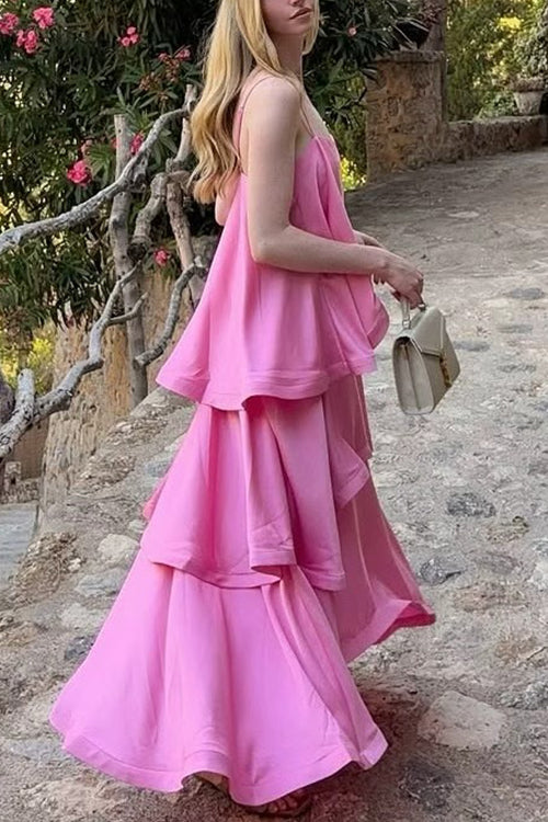 Margovil Spaghetti Strap Ruffle Layered Satin Maxi Dress