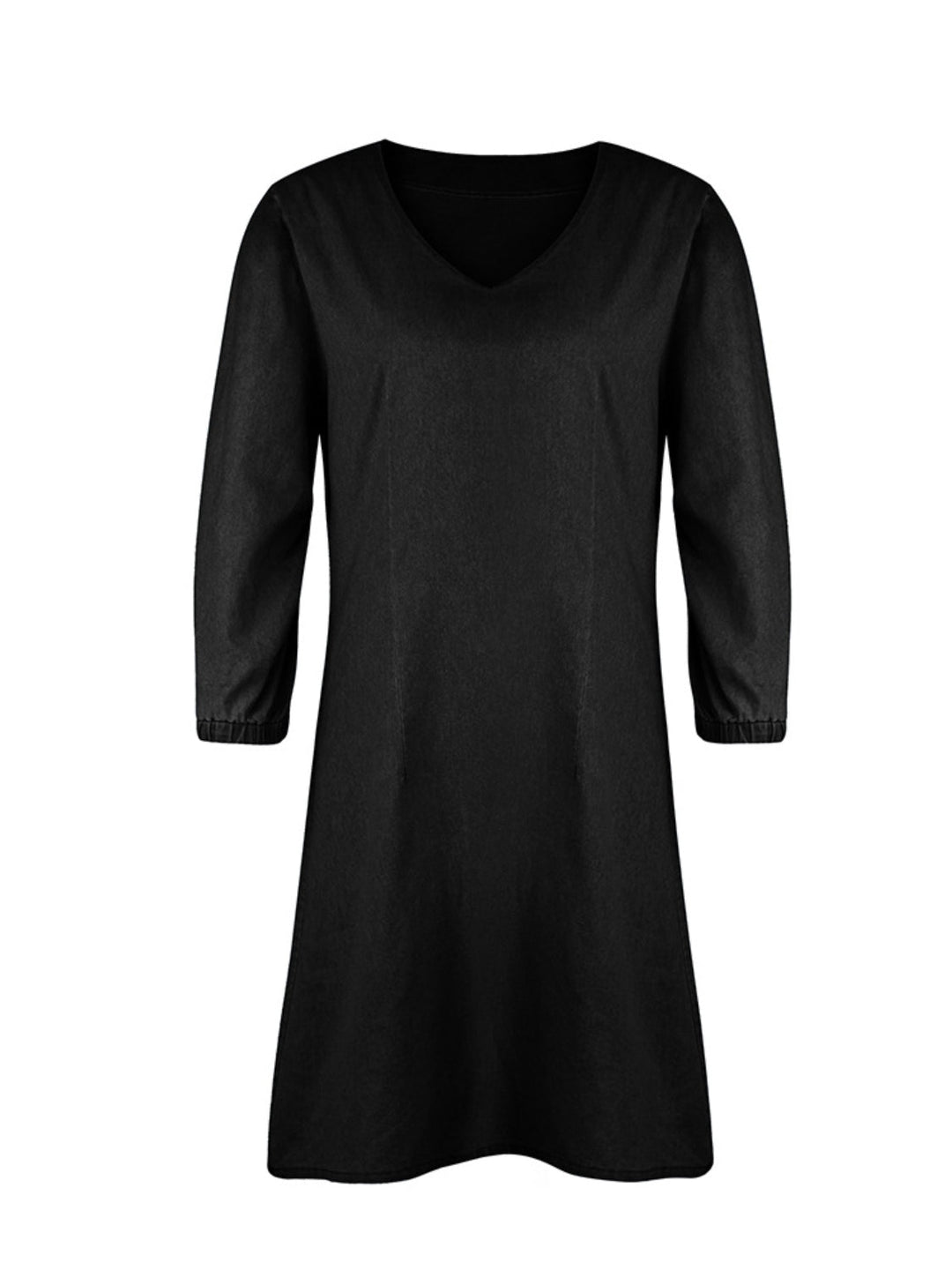 Soft Denim V Neck Dress Puff Sleeve Above Knee