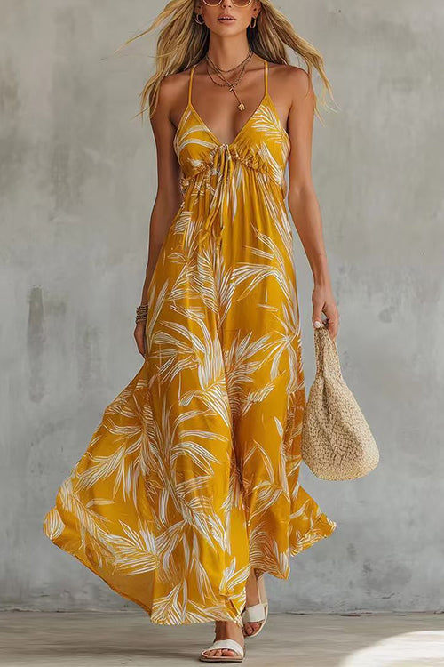 Margovil Spaghetti Strap V Neck Printed Chiffon Maxi Dress