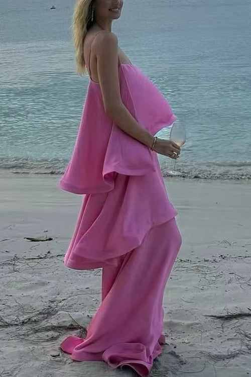 Margovil Spaghetti Strap Ruffle Layered Satin Maxi Dress