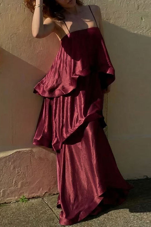 Margovil Spaghetti Strap Ruffle Layered Satin Maxi Dress