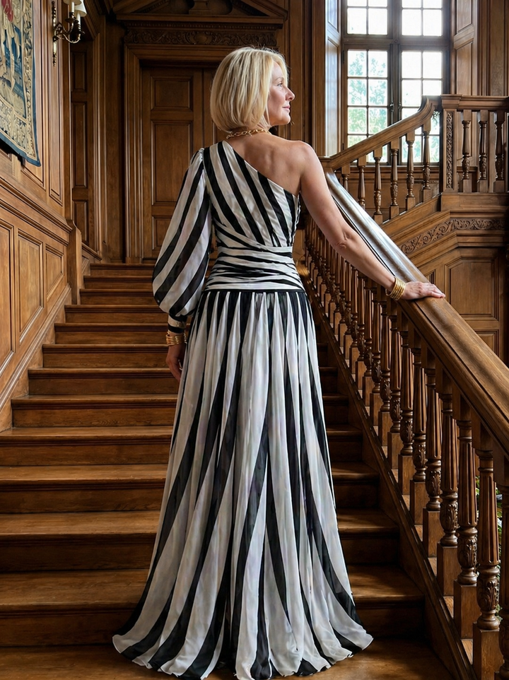 Stella & Grace™ |Elegant Striped Maxi Dress with One Shoulder