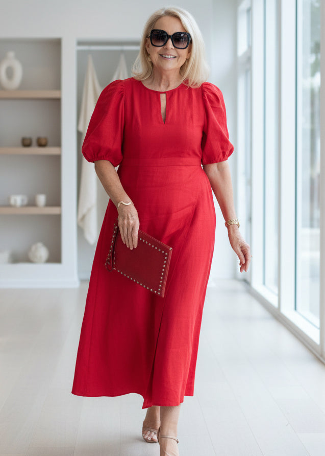 Relaxed Fit Maxi Dress Puff Sleeve Lightweight Linen