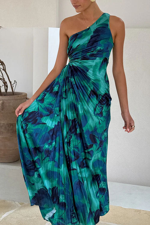 Margovil One Shoulder Drawstring Cut Out Printed Maxi Pleated Dress
