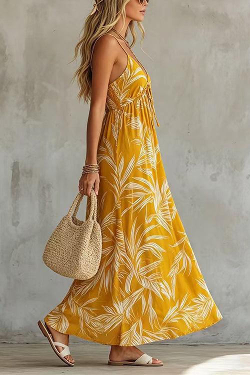 Margovil Spaghetti Strap V Neck Printed Chiffon Maxi Dress