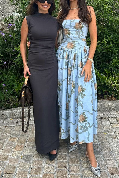 Margovil Spaghetti Strap Waisted Floral Print A-line Maxi Dress
