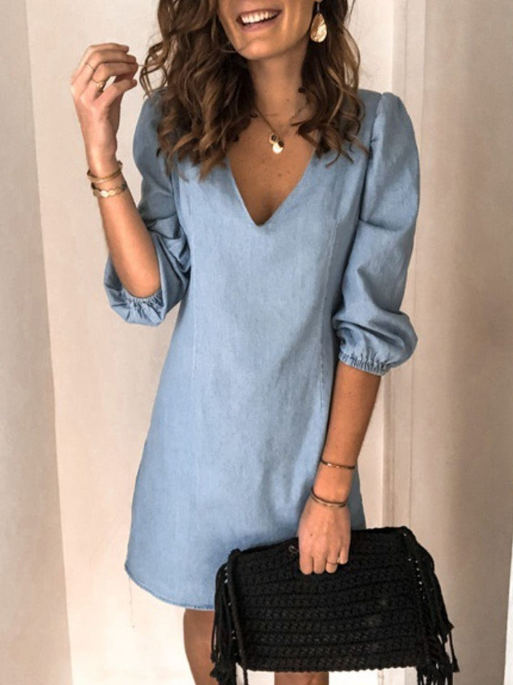 Soft Denim V Neck Dress Puff Sleeve Above Knee
