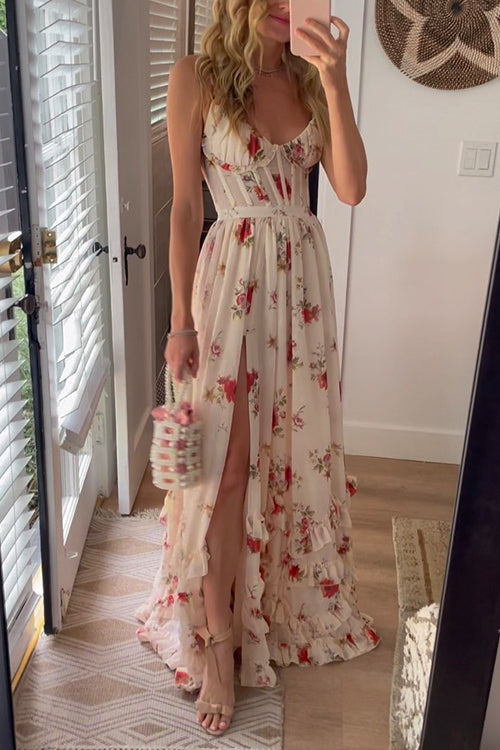 Margovil Spaghetti Strap Ruffle Layered Slit Dainty Floral Maxi Dress