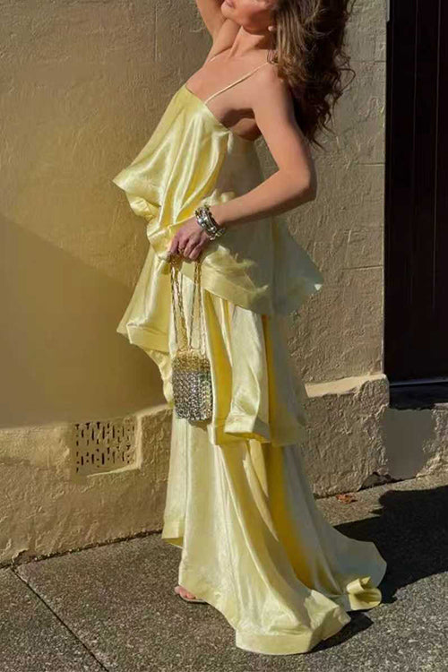 Margovil Spaghetti Strap Ruffle Layered Satin Maxi Dress