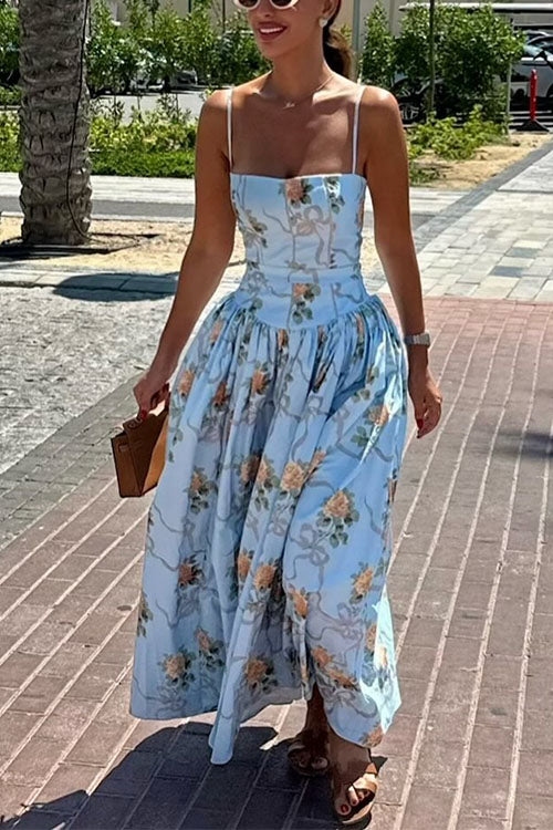 Margovil Spaghetti Strap Waisted Floral Print A-line Maxi Dress