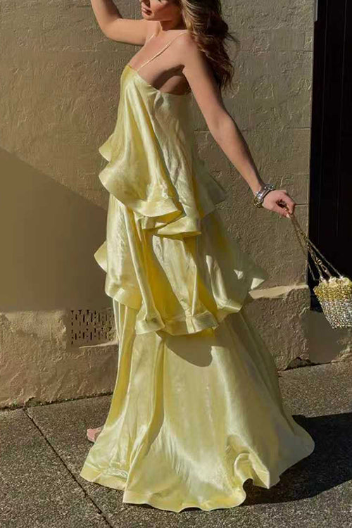 Margovil Spaghetti Strap Ruffle Layered Satin Maxi Dress