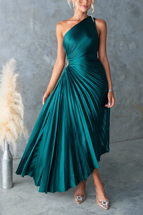 Margovil One Shoulder Cut Out Waist Pleated Satin Maxi Dress
