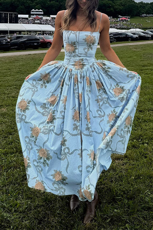 Margovil Spaghetti Strap Waisted Floral Print A-line Maxi Dress
