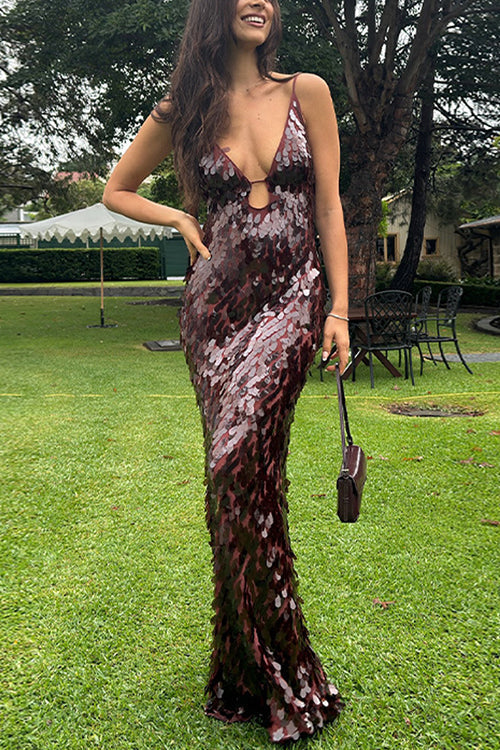 Margovil Spaghetti Strap V Neck Glitter Sequin Maxi Party Dress