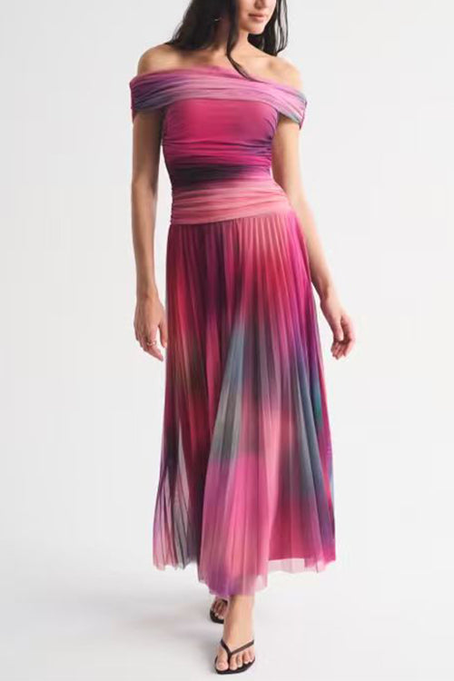 Off Shoulder Sunset Gradient Pleated Maxi Dress