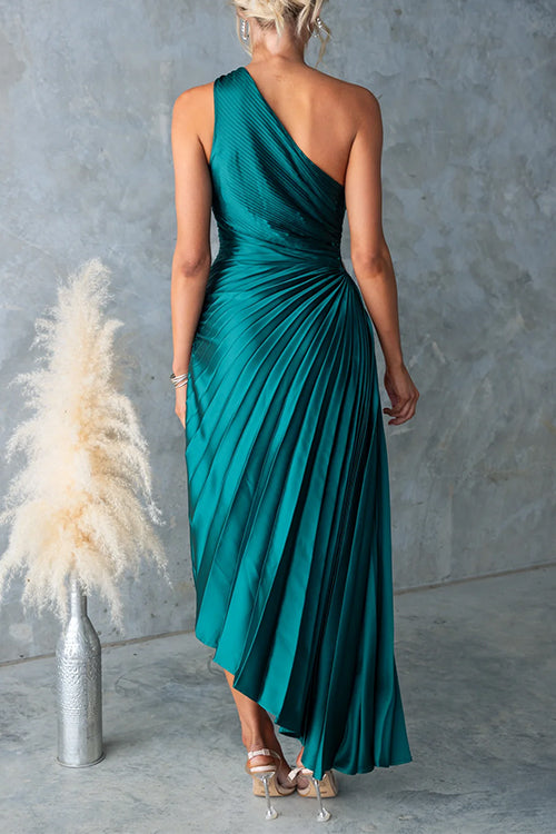 Margovil One Shoulder Cut Out Waist Pleated Satin Maxi Dress