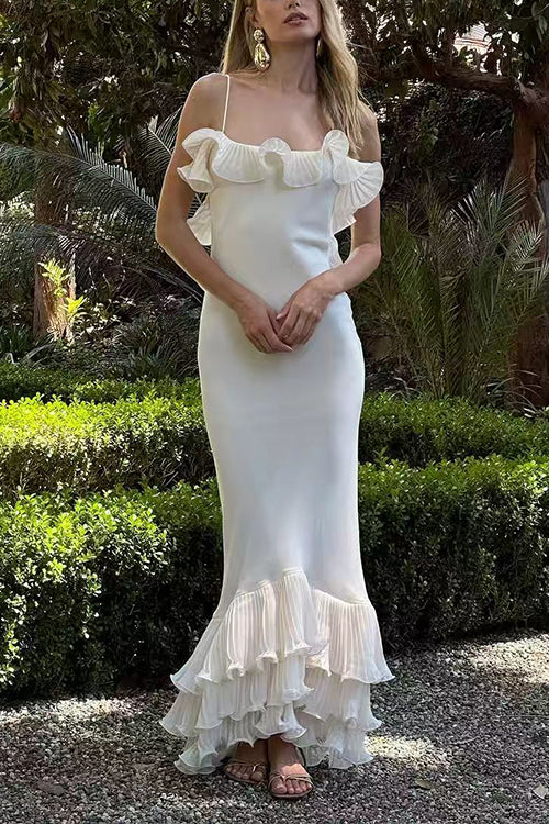 Margovil Spaghetti Strap Open Back Ruffle Trim Maxi Dress