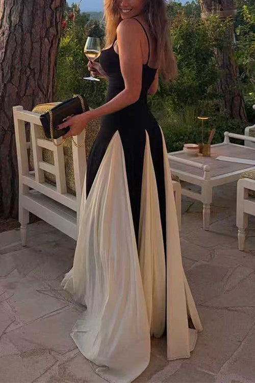 Margovil Spaghetti Strap Low Cut Color Block Swing Maxi Dress