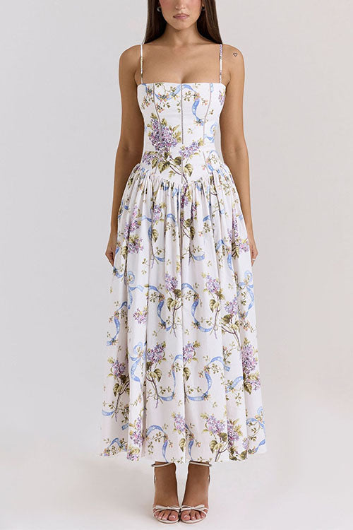Margovil Spaghetti Strap Floral Print Bustier A-line Maxi Dress