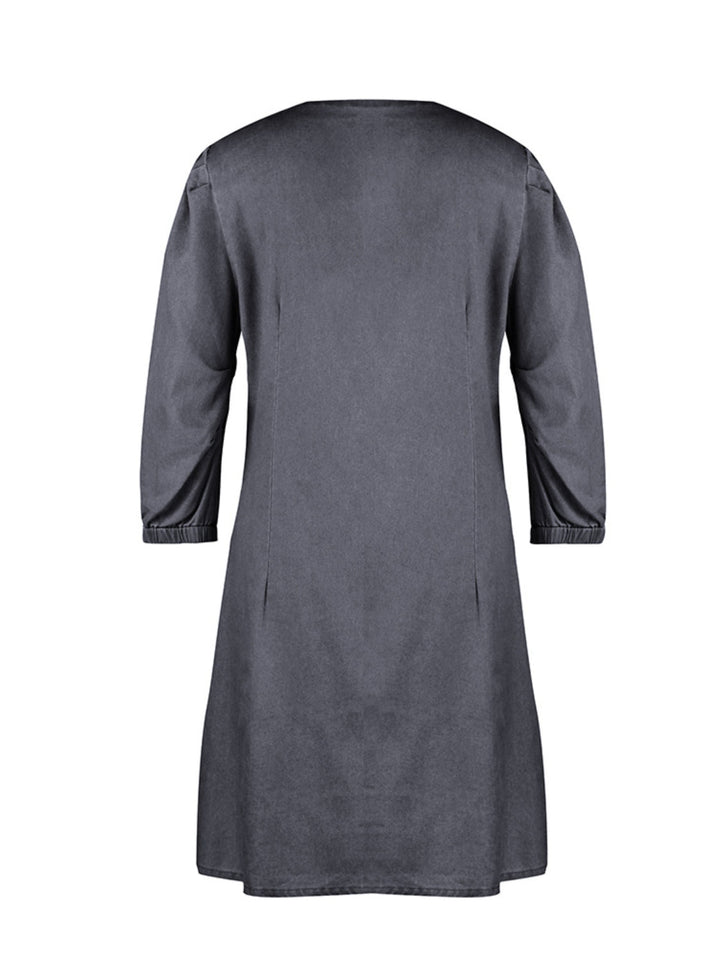 Soft Denim V Neck Dress Puff Sleeve Above Knee