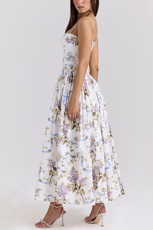 Margovil Spaghetti Strap Floral Print Bustier A-line Maxi Dress