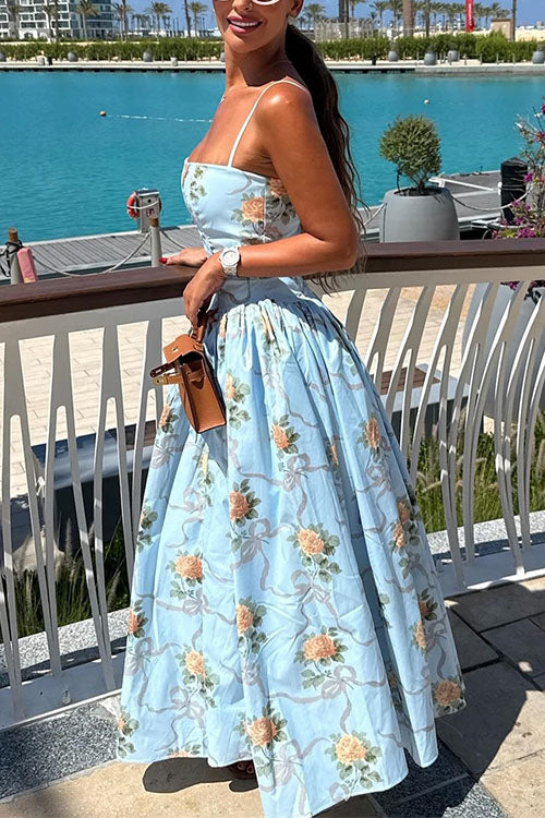 Margovil Spaghetti Strap Waisted Floral Print A-line Maxi Dress