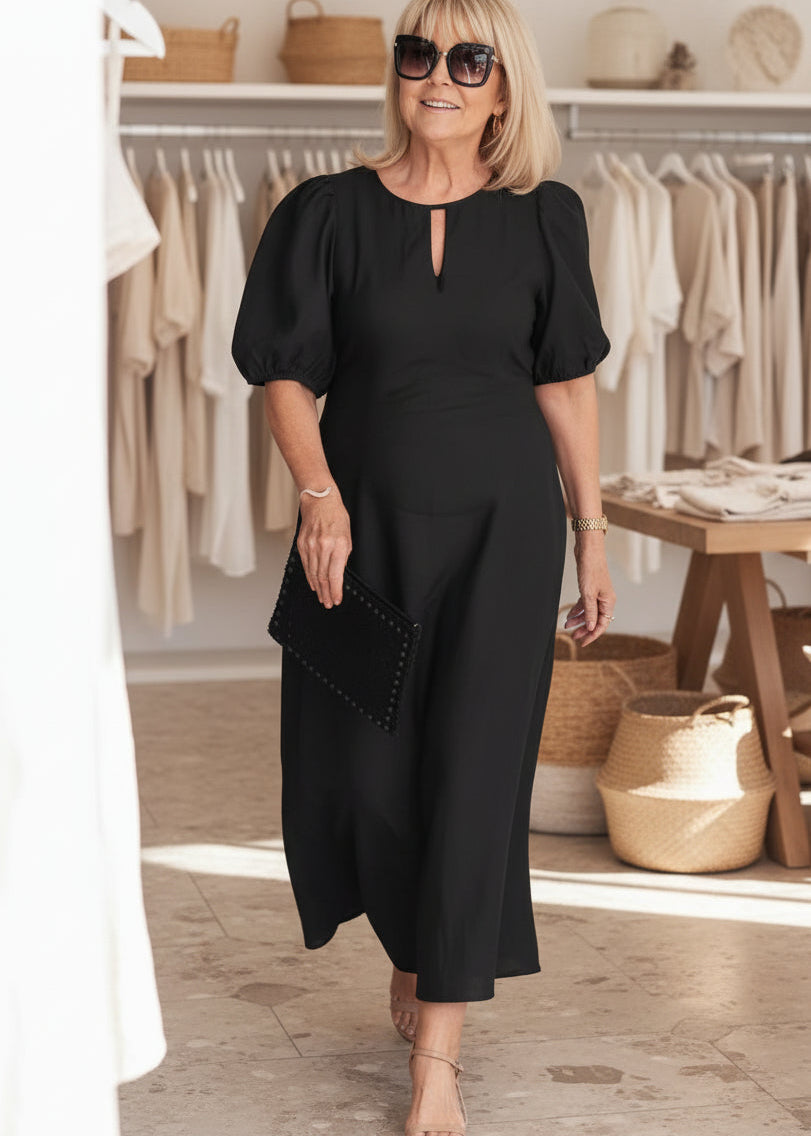 Relaxed Fit Maxi Dress Puff Sleeve Lightweight Linen