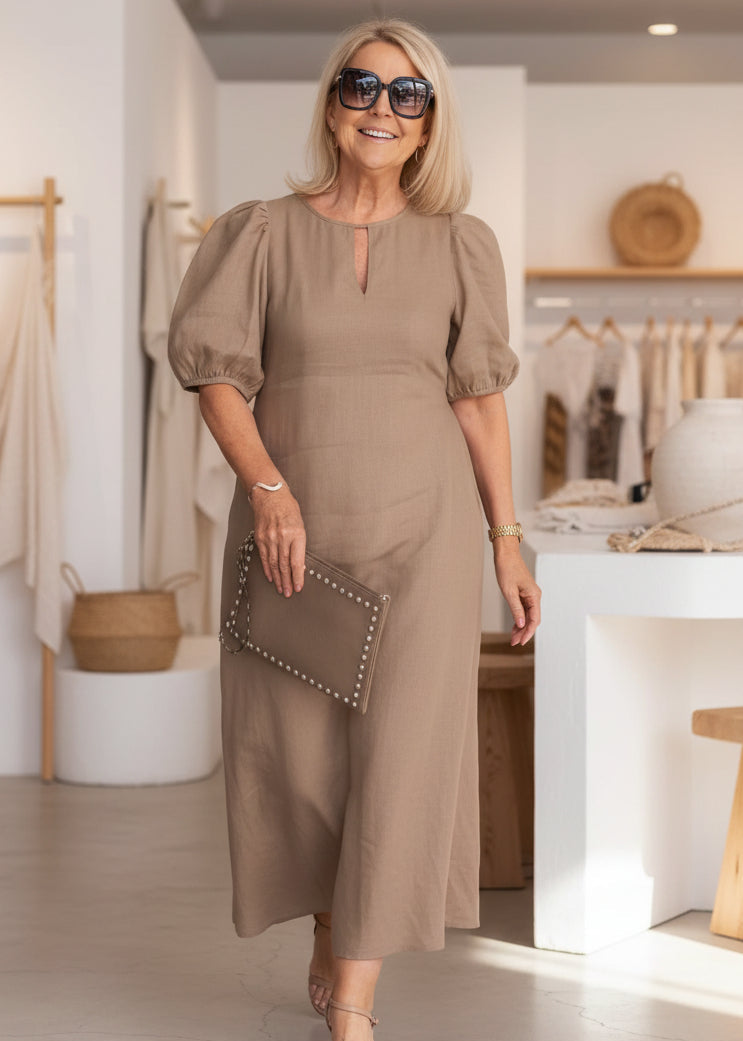 Relaxed Fit Maxi Dress Puff Sleeve Lightweight Linen