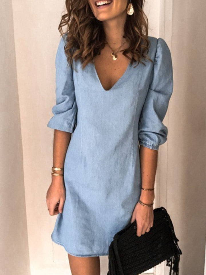 Soft Denim V Neck Dress Puff Sleeve Above Knee