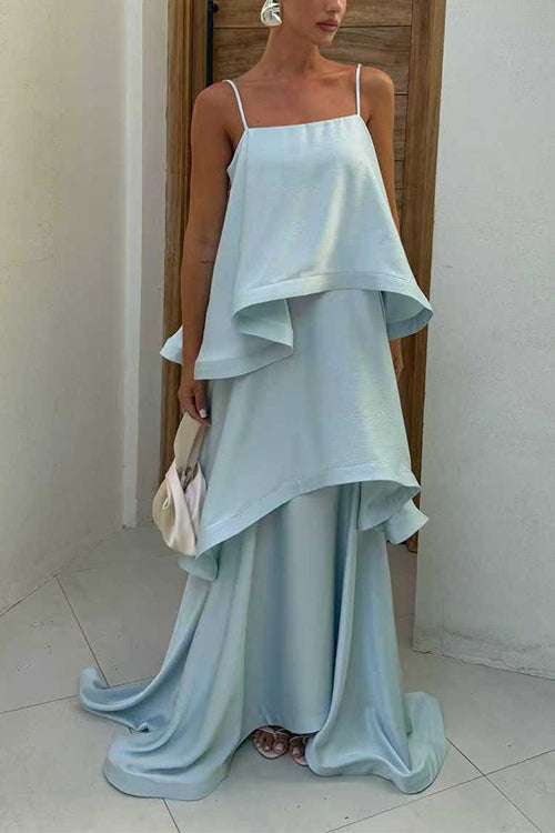 Margovil Spaghetti Strap Ruffle Layered Satin Maxi Dress