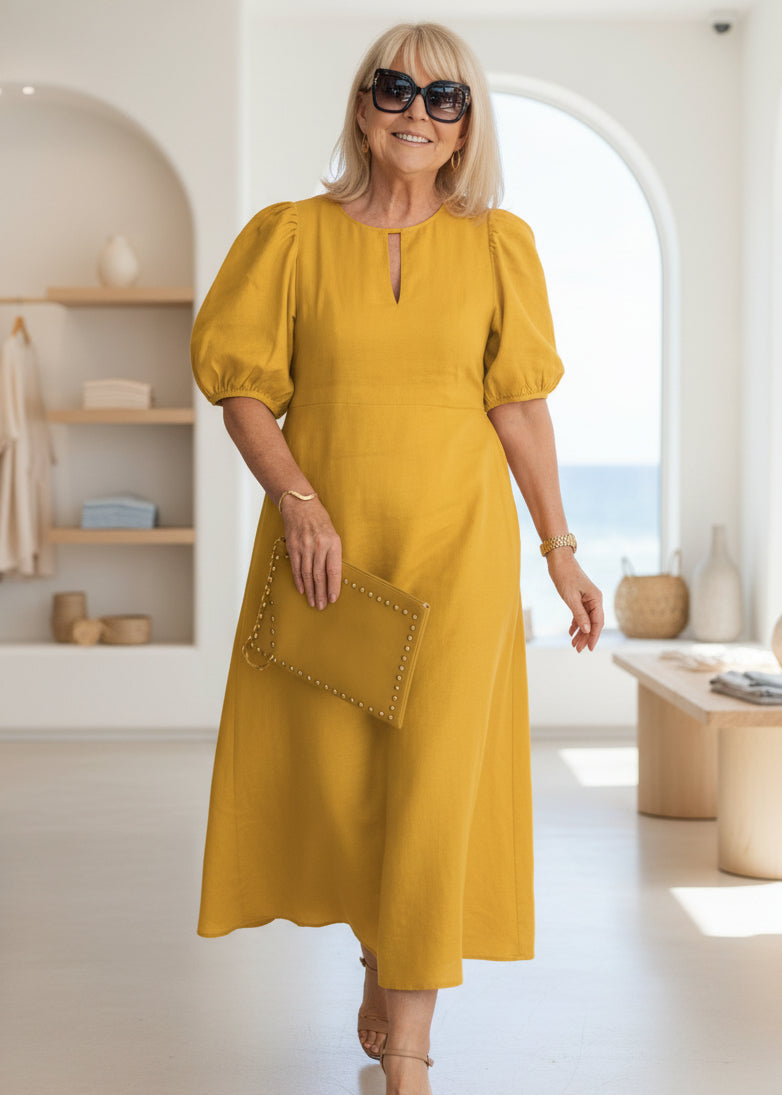 Relaxed Fit Maxi Dress Puff Sleeve Lightweight Linen