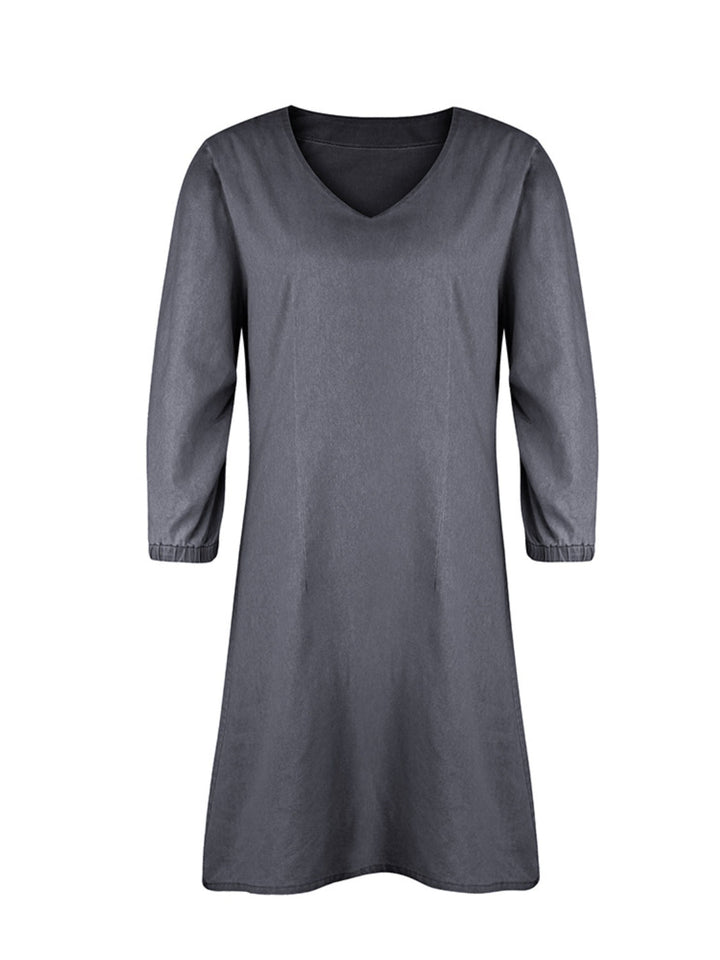 Soft Denim V Neck Dress Puff Sleeve Above Knee