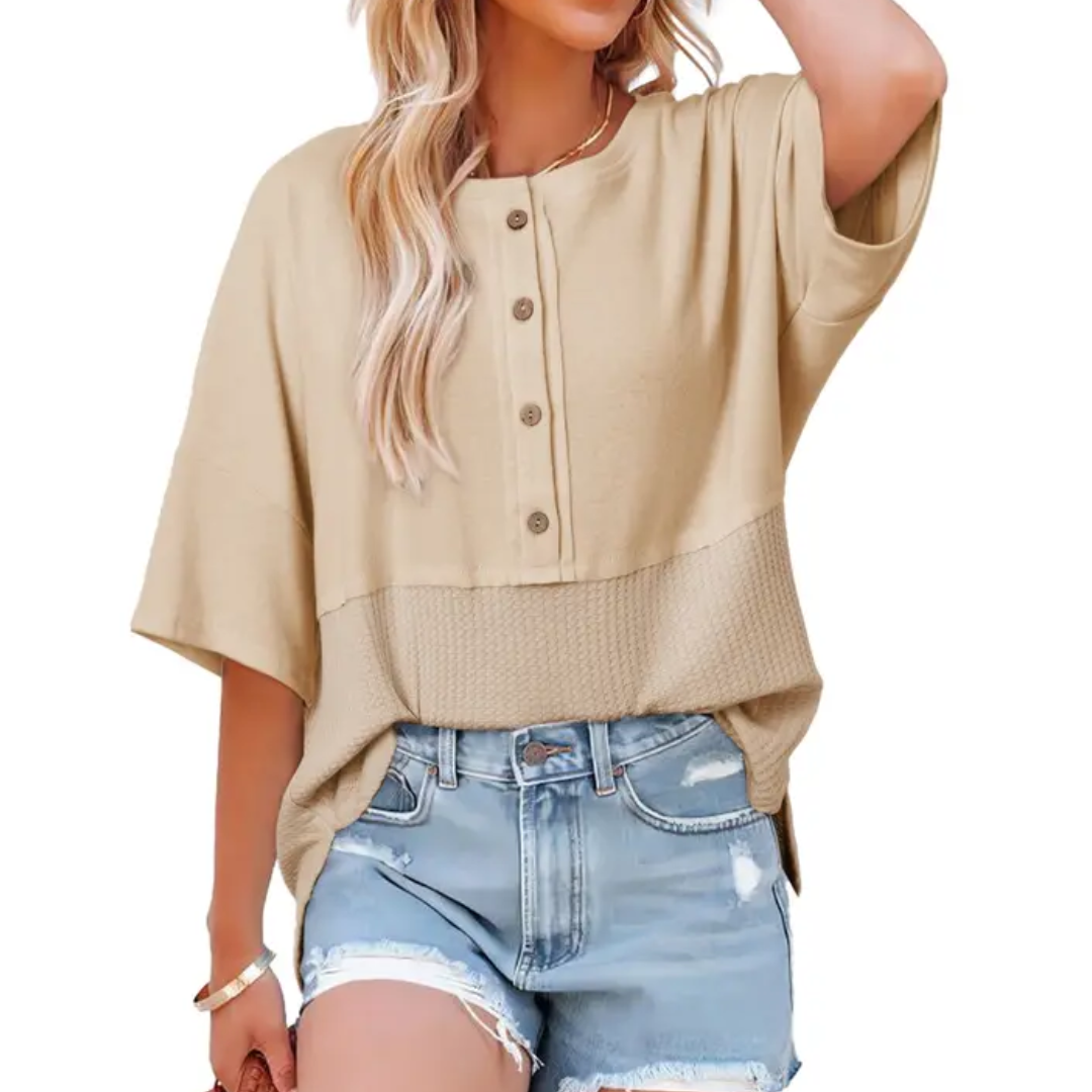 FRANKIE – Relaxed Waffle Knit Button Blouse