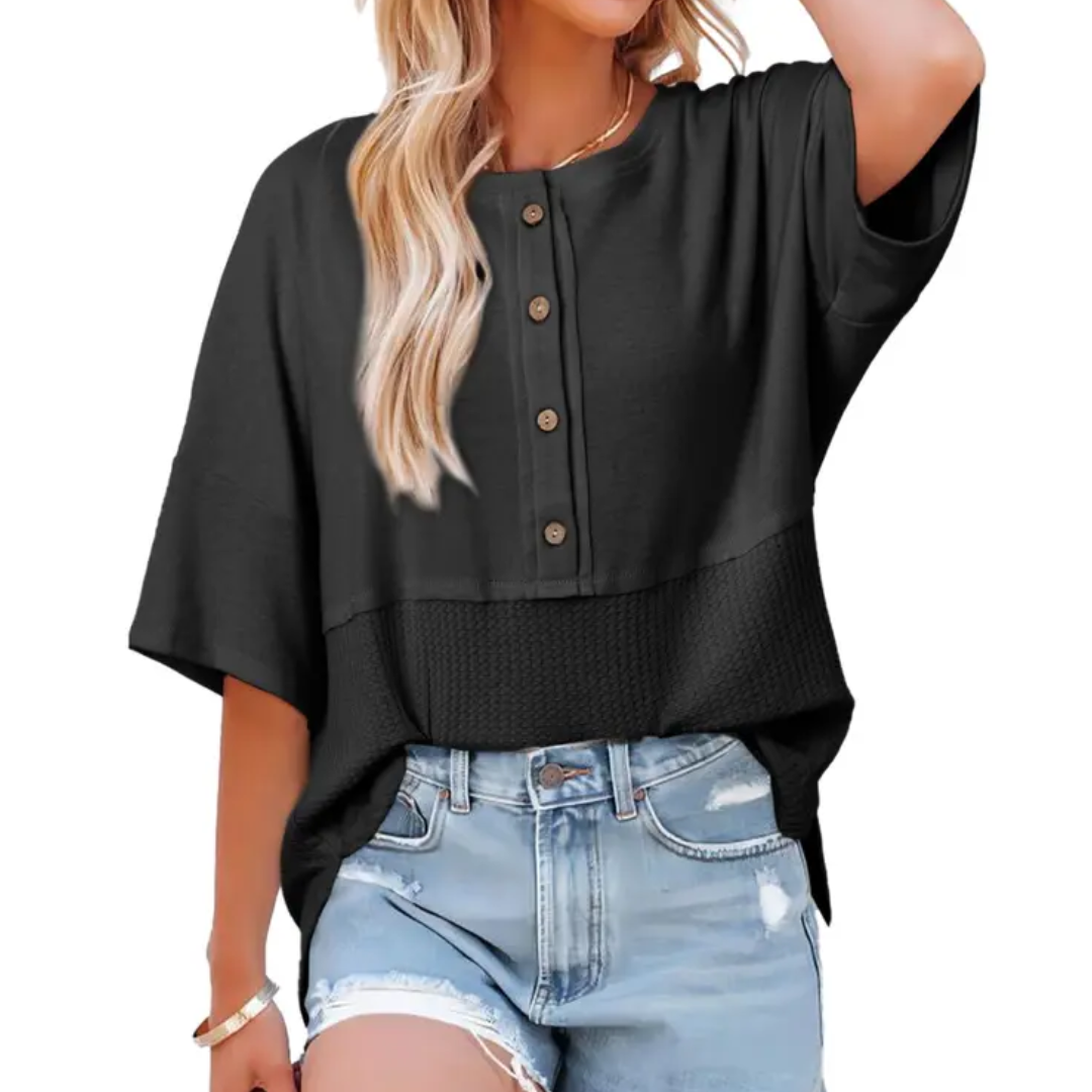 FRANKIE – Relaxed Waffle Knit Button Blouse