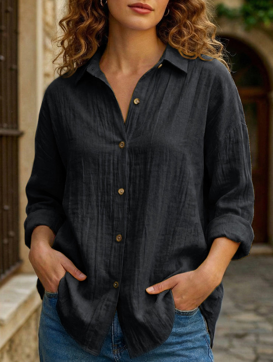 Relaxed Fit Button Up Shirt Lightweight Pleated Texture