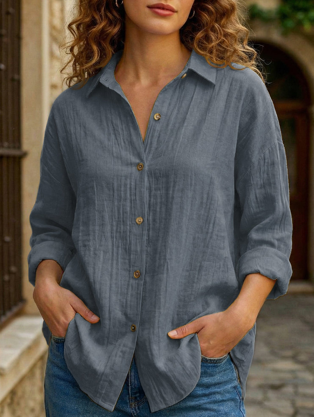 Relaxed Fit Button Up Shirt Lightweight Pleated Texture