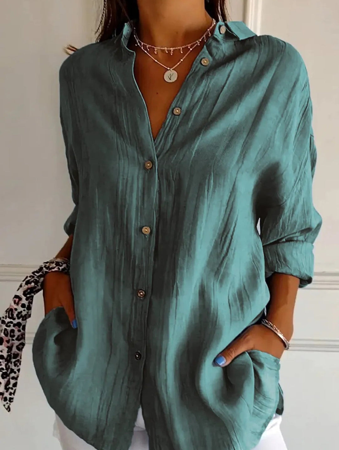 Relaxed Fit Button Up Shirt Lightweight Pleated Texture