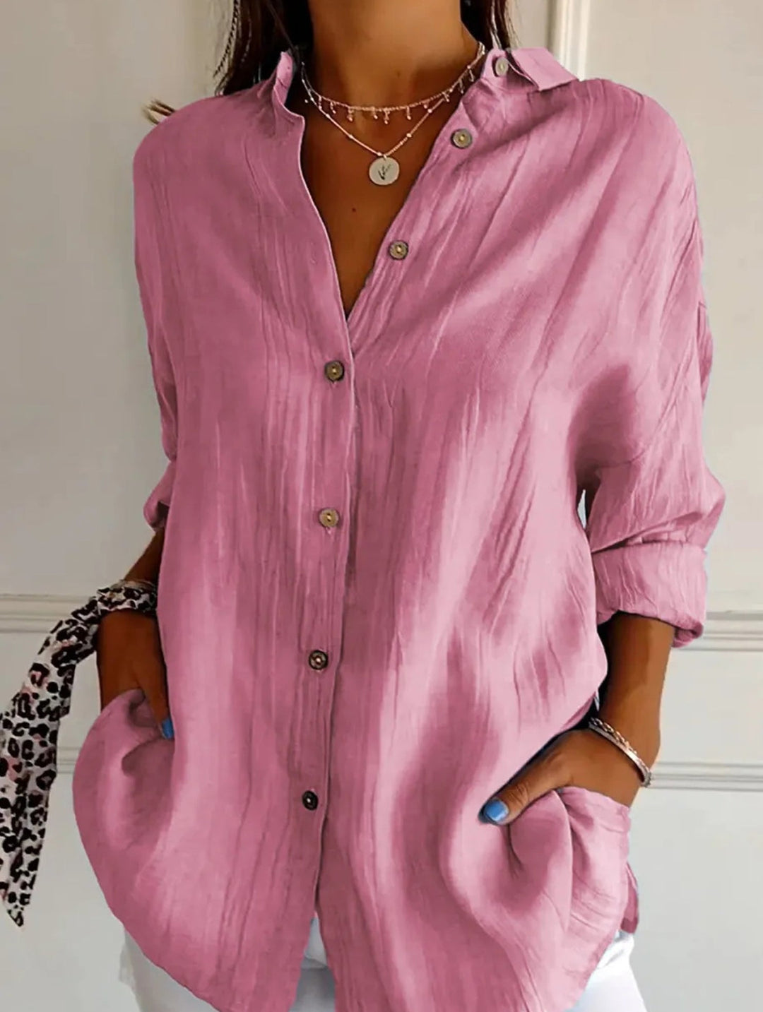 Relaxed Fit Button Up Shirt Lightweight Pleated Texture