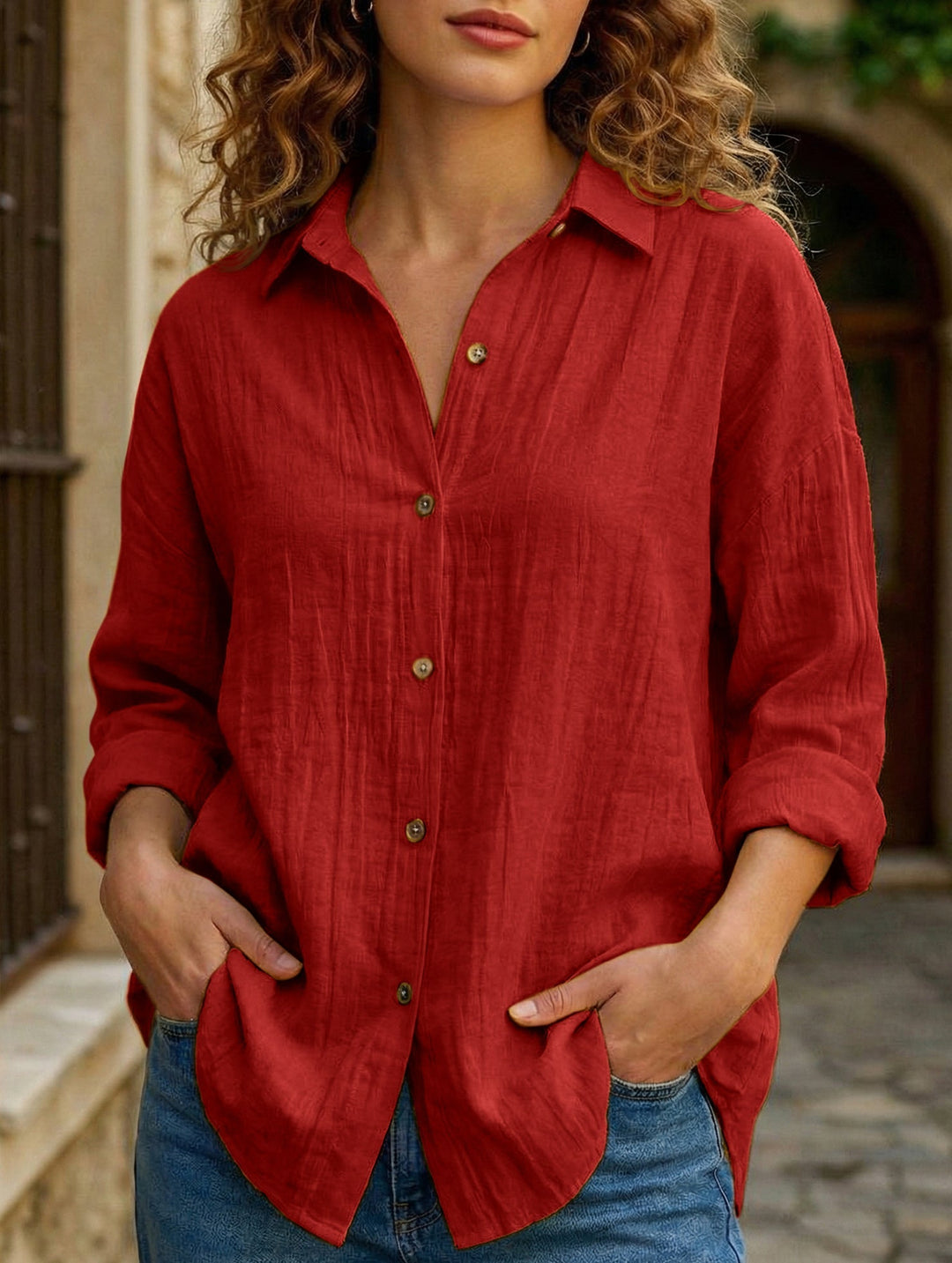 Relaxed Fit Button Up Shirt Lightweight Pleated Texture