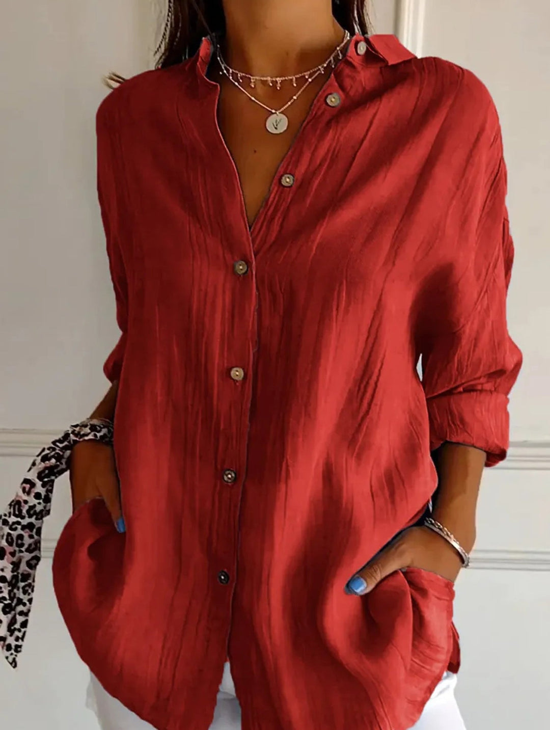 Relaxed Fit Button Up Shirt Lightweight Pleated Texture