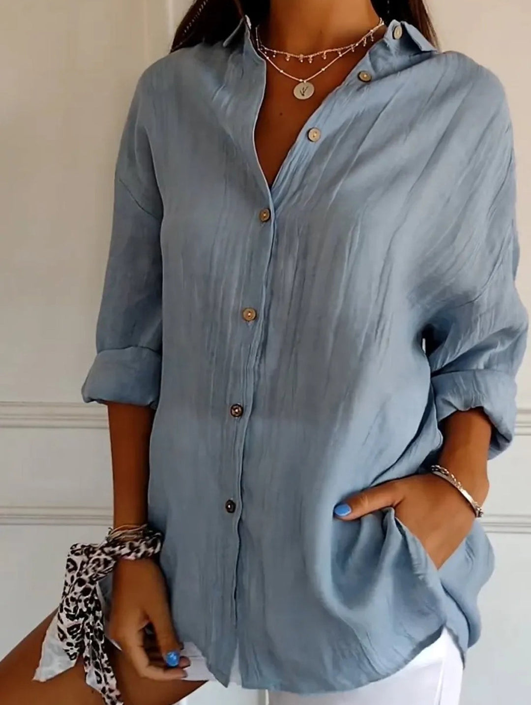 Relaxed Fit Button Up Shirt Lightweight Pleated Texture