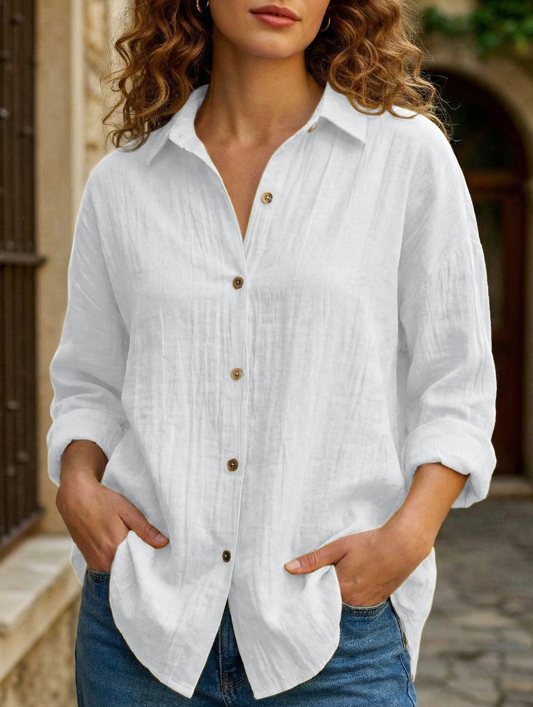 Relaxed Fit Button Up Shirt Lightweight Pleated Texture