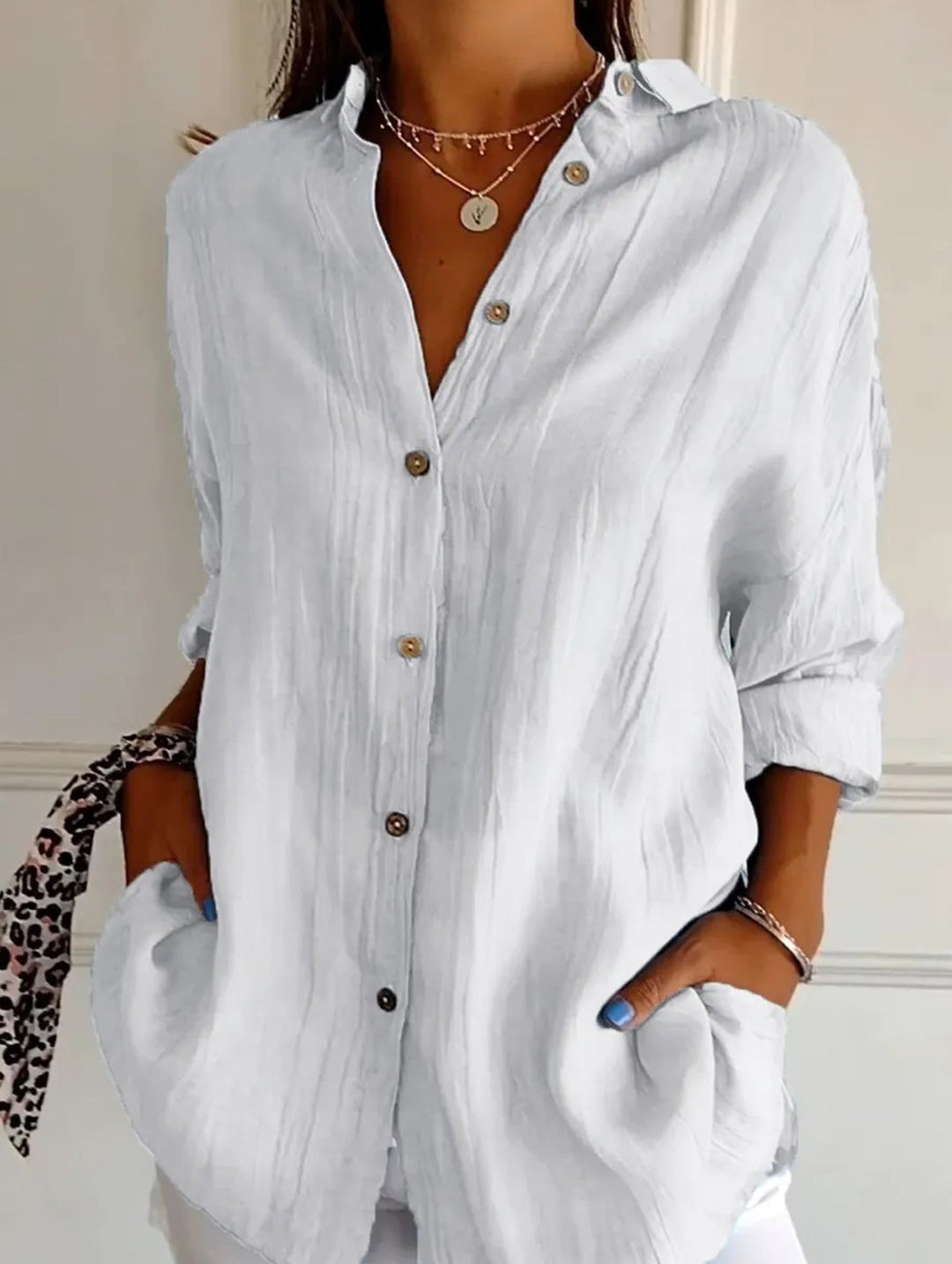 Relaxed Fit Button Up Shirt Lightweight Pleated Texture