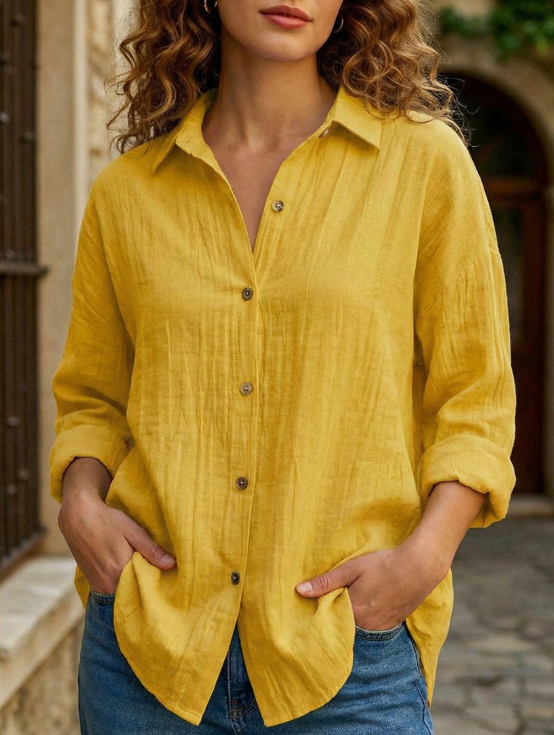 Relaxed Fit Button Up Shirt Lightweight Pleated Texture