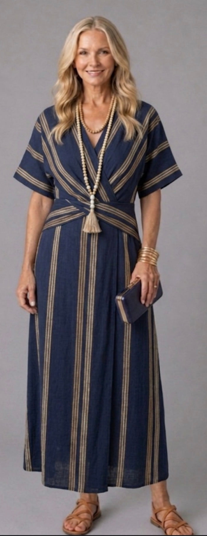 Saphira | V Neck Short Sleeve Striped Wrap Midi Dress