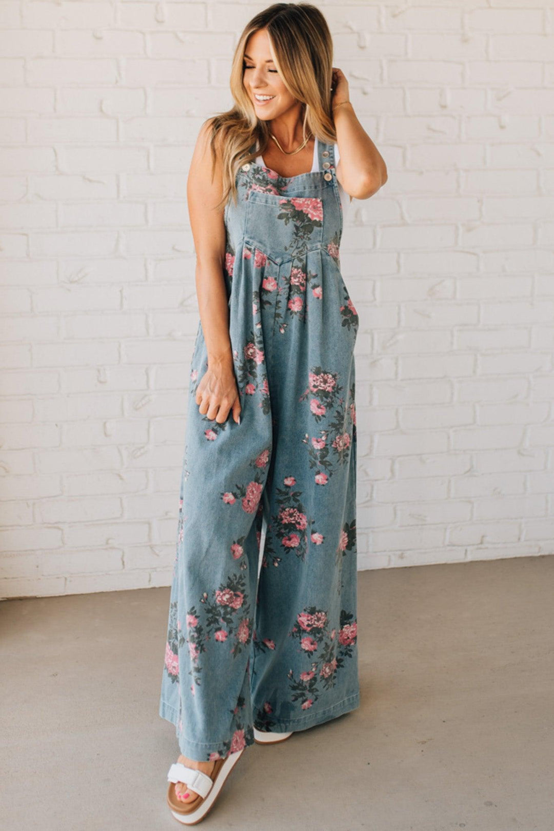 Floral Print Denim Overalls Wide Leg Cotton