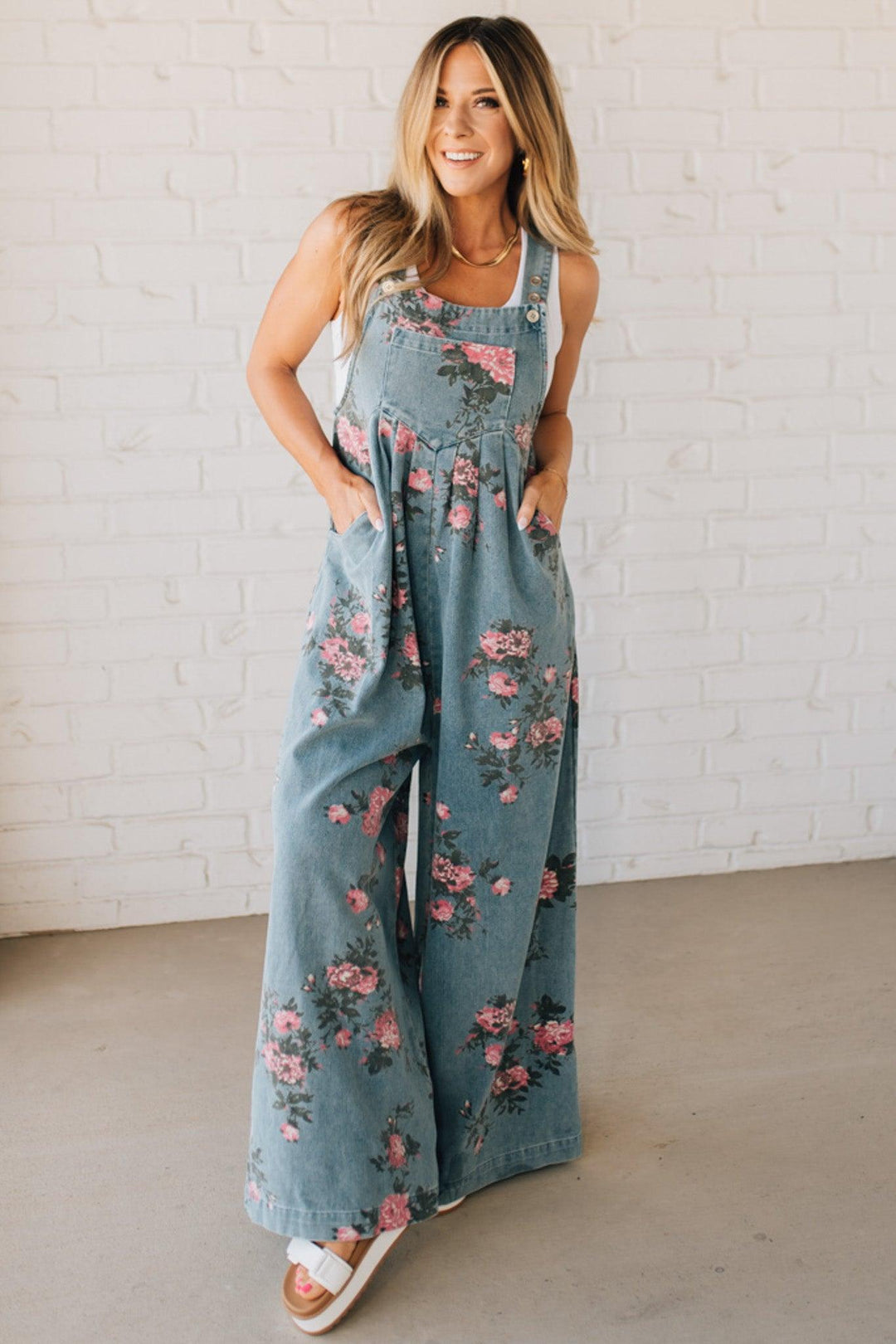 Floral Print Denim Overalls Wide Leg Cotton